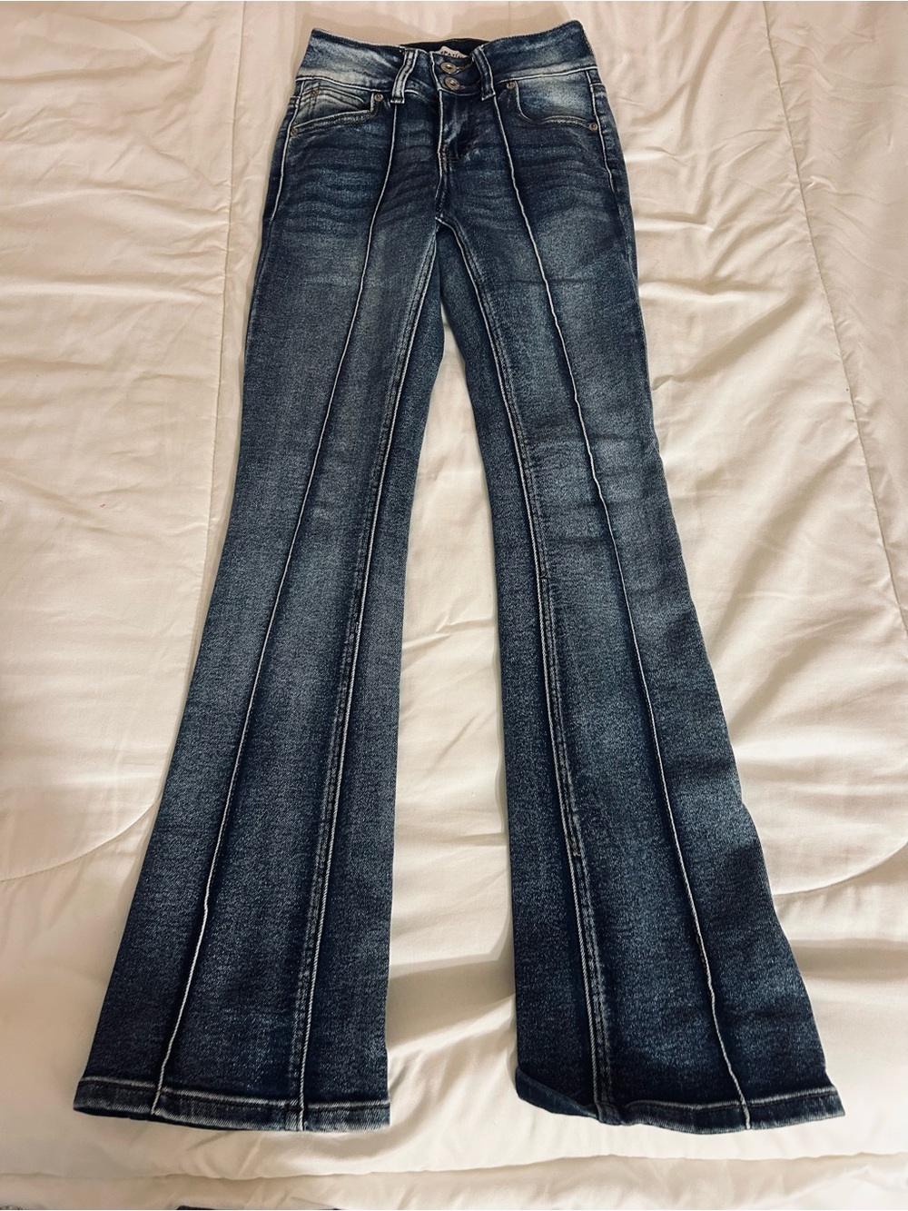 Women's Dark Blue High-Rise Flare Jeans with Front Seam Detail